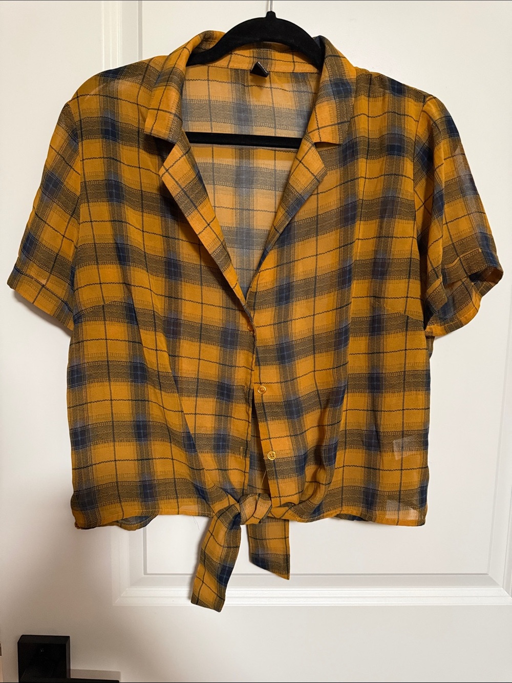 Windsor Yellow and Navy Plaid Tie-Front Button Shirt